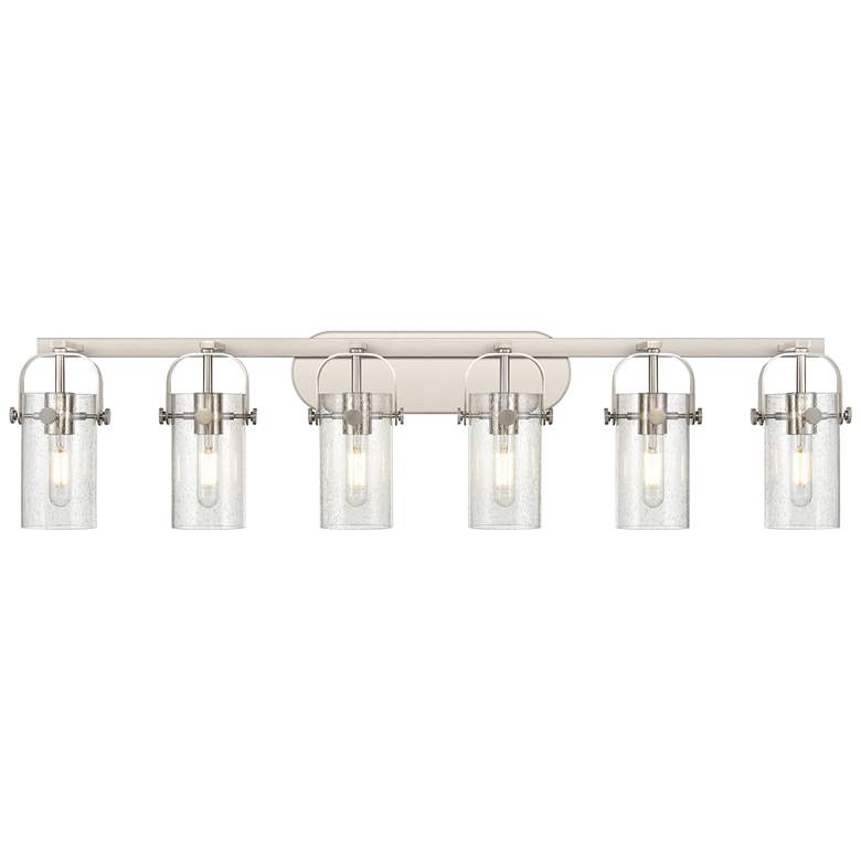 Image 1 Pilaster II Cylinder 44"W 6 Light Satin Nickel Bath Light w/ Seedy Sha