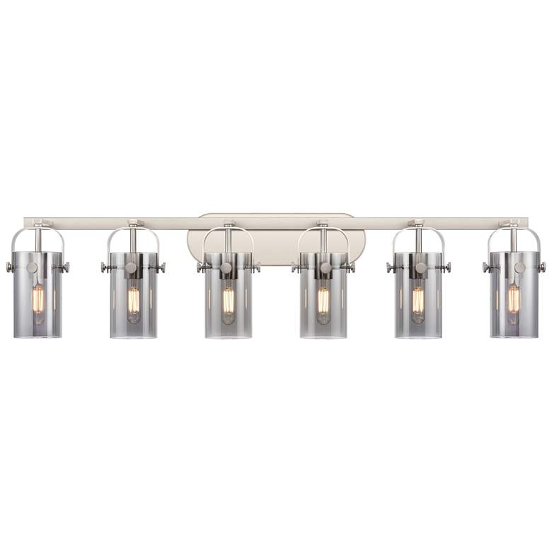 Image 1 Pilaster II Cylinder 44"W 6 Light Satin Nickel Bath Light w/ Smoke Sha