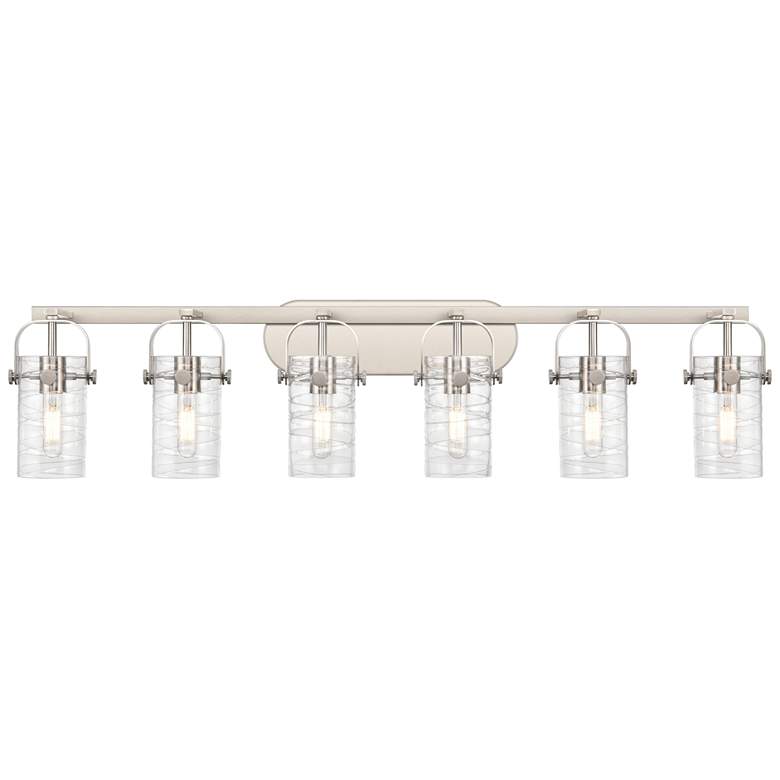 Image 1 Pilaster II Cylinder 44"W 6 Light Satin Nickel Bath Light w/ Swirl Sha