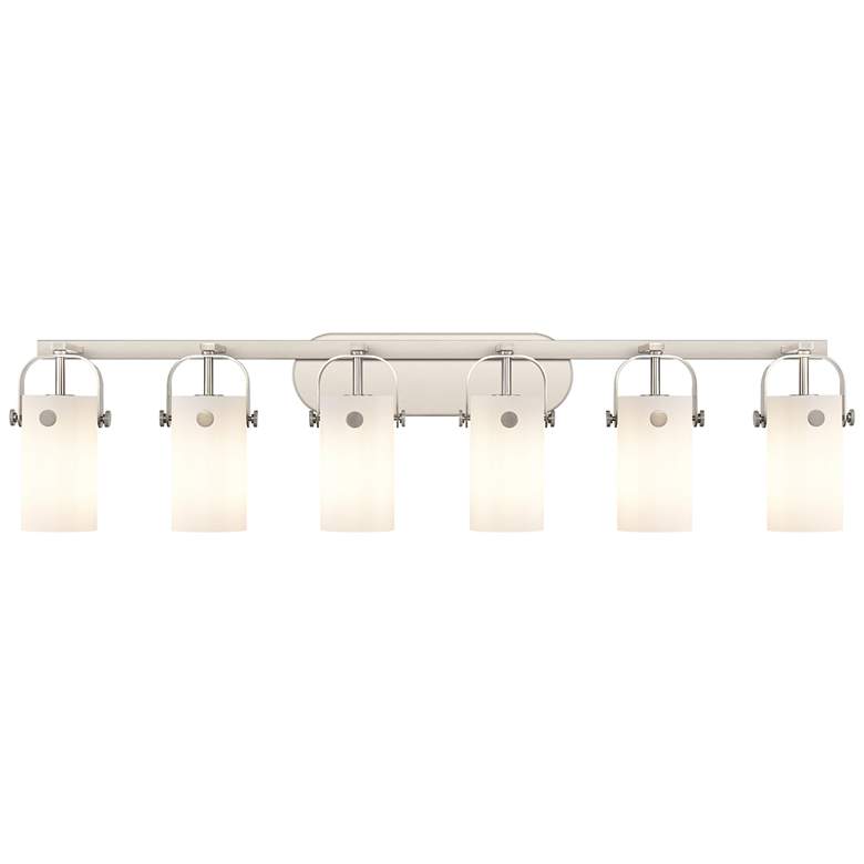 Image 1 Pilaster II Cylinder 44"W 6 Light Satin Nickel Bath Light w/ White Sha