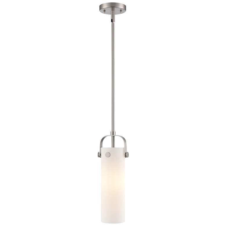 Image 1 Pilaster II Cylinder 5" Wide Stem Hung Satin Nickel Pendant w/ White S