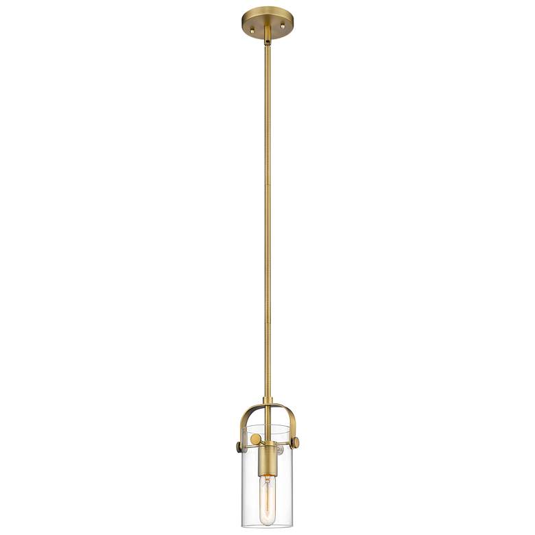 Image 1 Pilaster II Cylinder 5 inchW Brushed Brass Stem Hung Pendant With Clear Sh