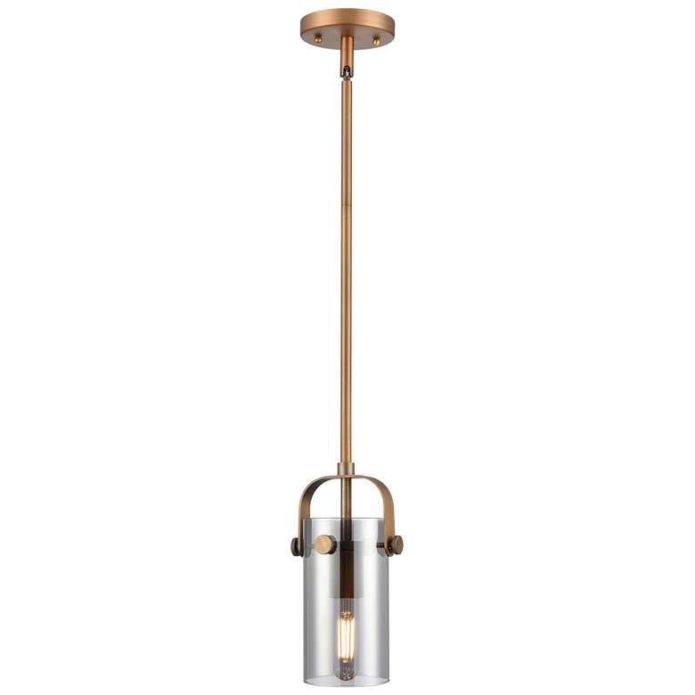 Image 1 Pilaster II Cylinder 5"W Brushed Brass Stemmed Pendant w/ Smoke Shade