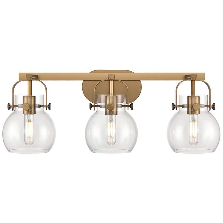 Image 1 Pilaster II Sphere 26.5"W 3 Light Brushed Brass Bath Light w/ Clear Sh
