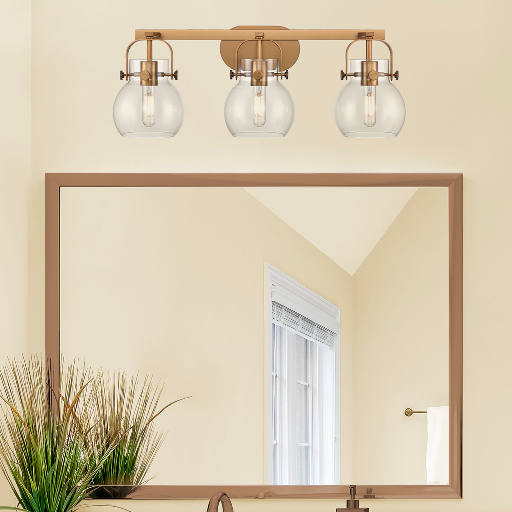 Image 2 Pilaster II Sphere 26.5"W 3 Light Brushed Brass Bath Light w/ Clear Sh more views