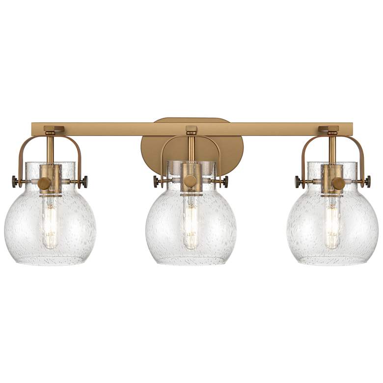 Image 1 Pilaster II Sphere 26.5"W 3 Light Brushed Brass Bath Light w/ Seedy Sh
