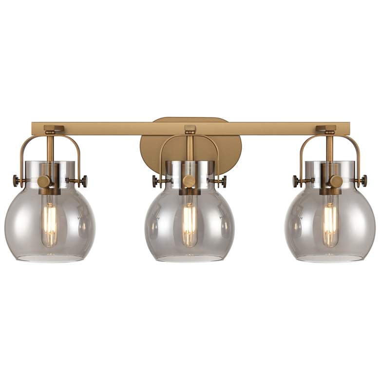 Image 1 Pilaster II Sphere 26.5"W 3 Light Brushed Brass Bath Light w/ Smoke Sh