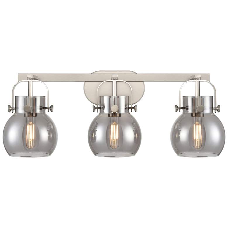 Image 1 Pilaster II Sphere 26.5"W 3 Light Satin Nickel Bath Light w/ Smoke Sha