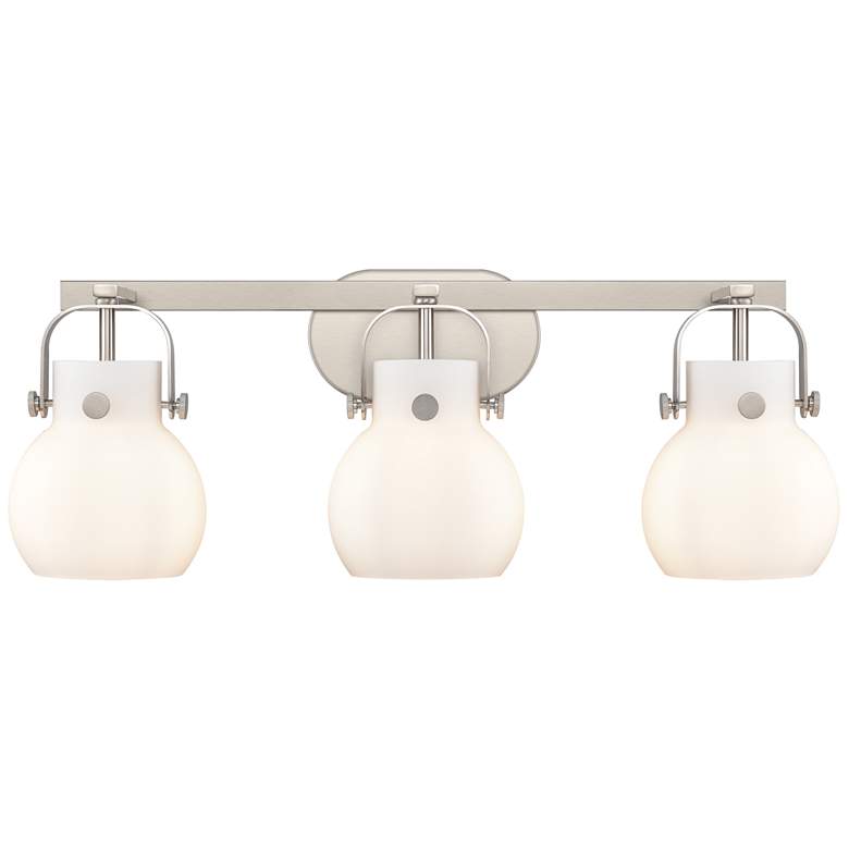 Image 1 Pilaster II Sphere 26.5"W 3 Light Satin Nickel Bath Light w/ White Sha