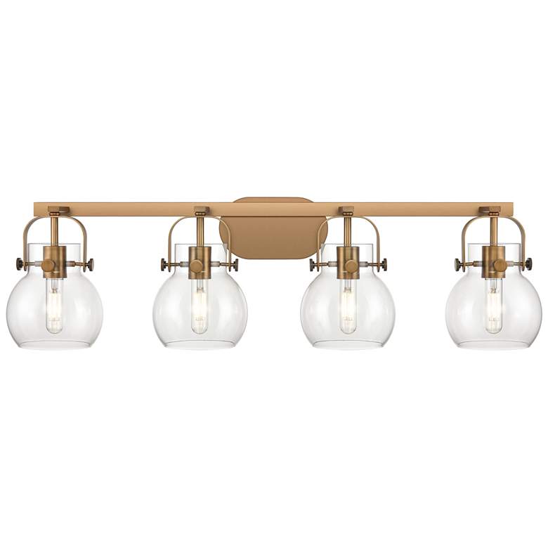 Image 1 Pilaster II Sphere 36.5"W 4 Light Brushed Brass Bath Light w/ Clear Sh