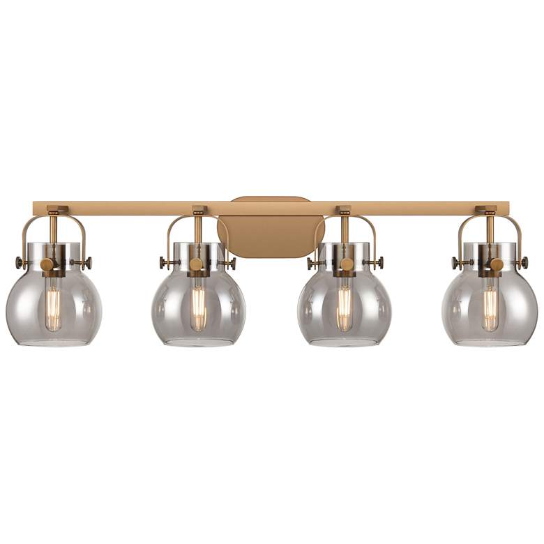 Image 1 Pilaster II Sphere 36.5"W 4 Light Brushed Brass Bath Light w/ Smoke Sh