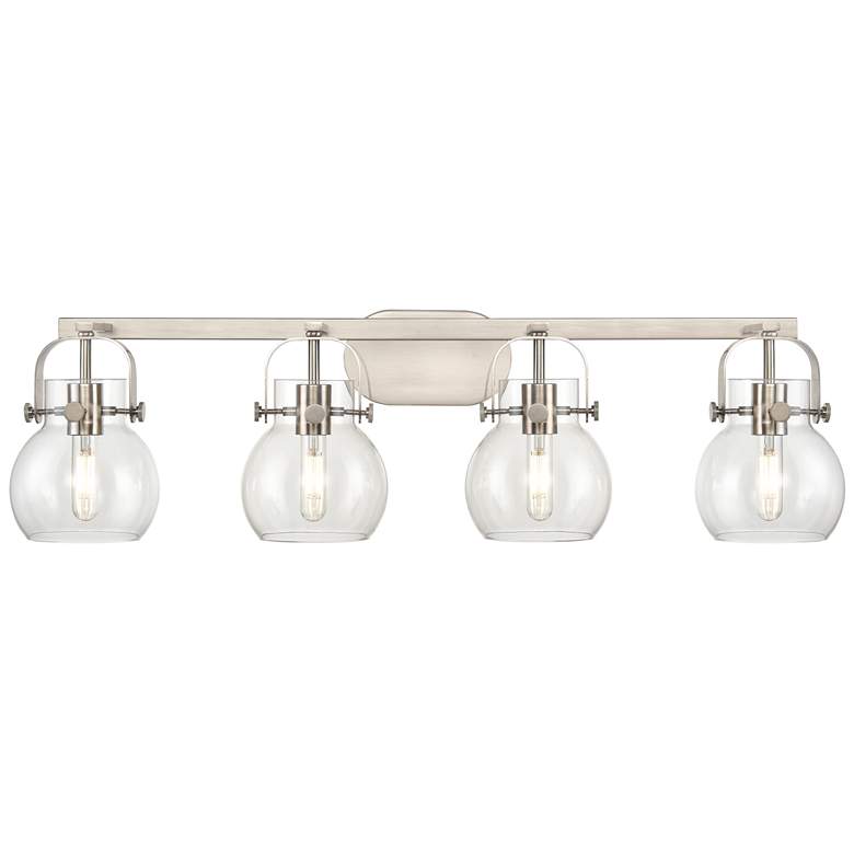Image 1 Pilaster II Sphere 36.5"W 4 Light Satin Nickel Bath Light w/ Clear Sha