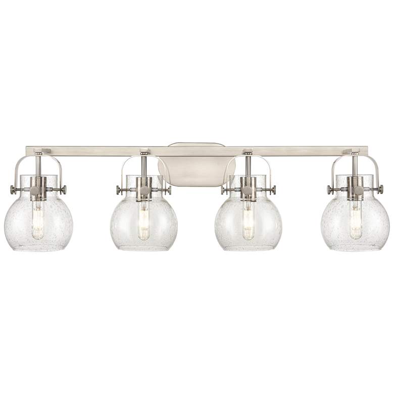 Image 1 Pilaster II Sphere 36.5"W 4 Light Satin Nickel Bath Light w/ Seedy Sha