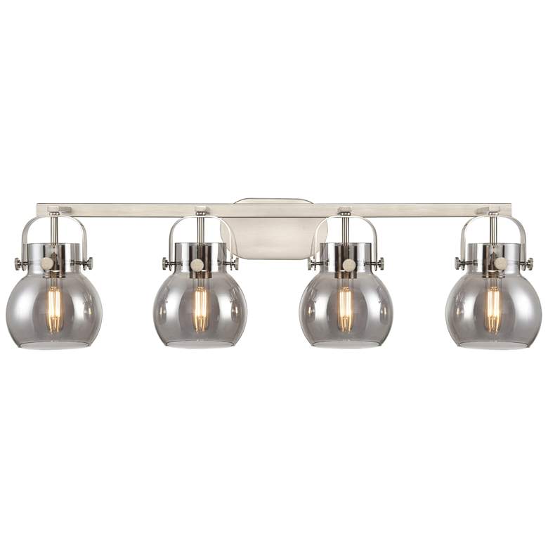 Image 1 Pilaster II Sphere 36.5"W 4 Light Satin Nickel Bath Light w/ Smoke Sha