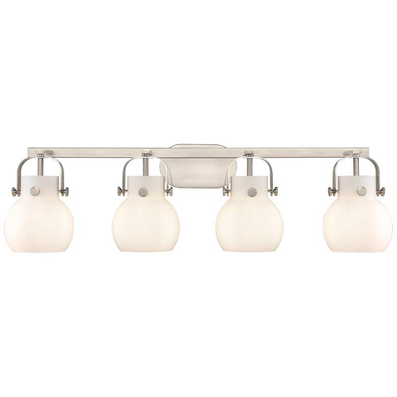 Image 1 Pilaster II Sphere 36.5"W 4 Light Satin Nickel Bath Light w/ White Sha