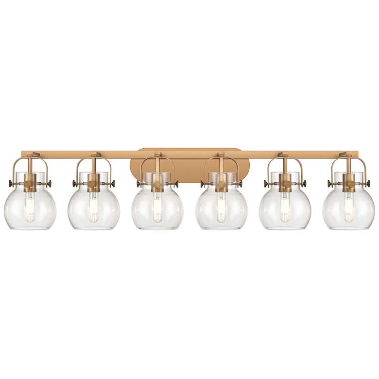 Image 1 Pilaster II Sphere 45.5" W 6 Light Brushed Brass Bath Light w/ Clear S