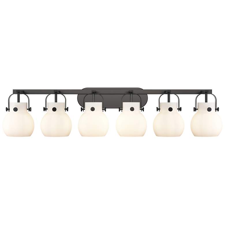 Image 1 Pilaster II Sphere 45.5"W 6 Light Black Bath Light w/ White Shade