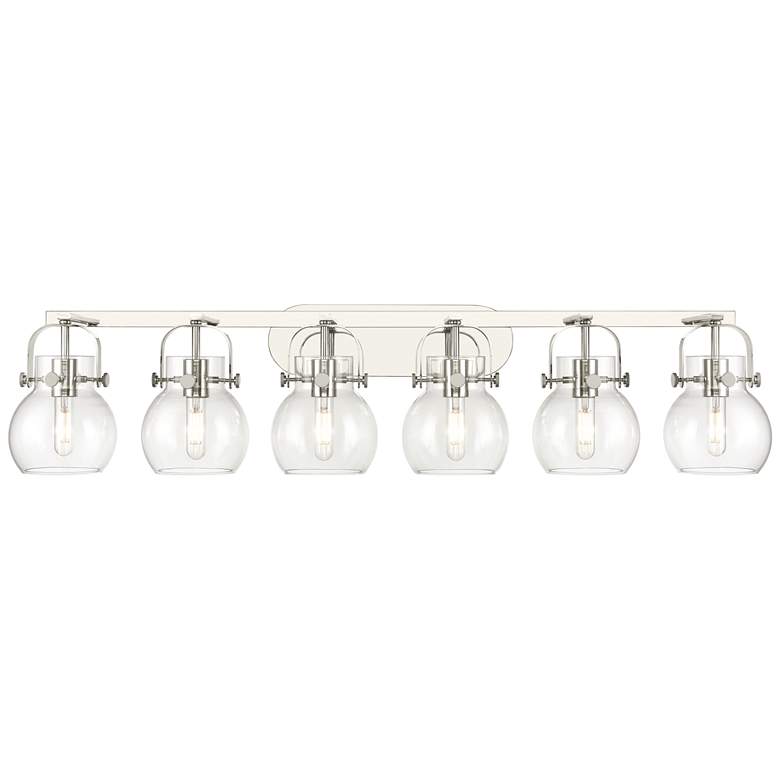 Image 1 Pilaster II Sphere 45.5"W 6 Light Polished Nickel Bath Light w/ Clear