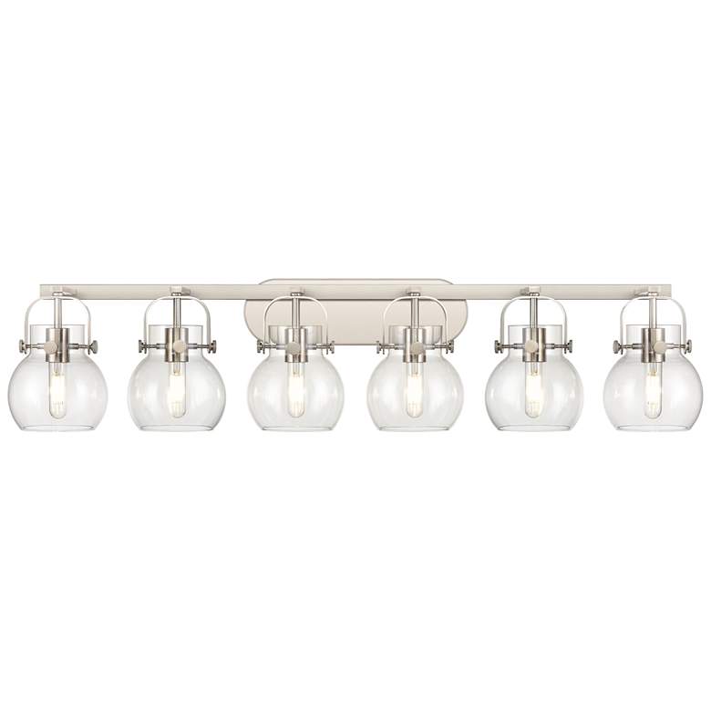 Image 1 Pilaster II Sphere 45.5"W 6 Light Satin Nickel Bath Light w/ Clear Sha