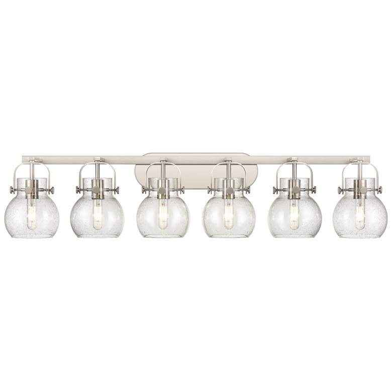 Image 1 Pilaster II Sphere 45.5"W 6 Light Satin Nickel Bath Light w/ Seedy Sha
