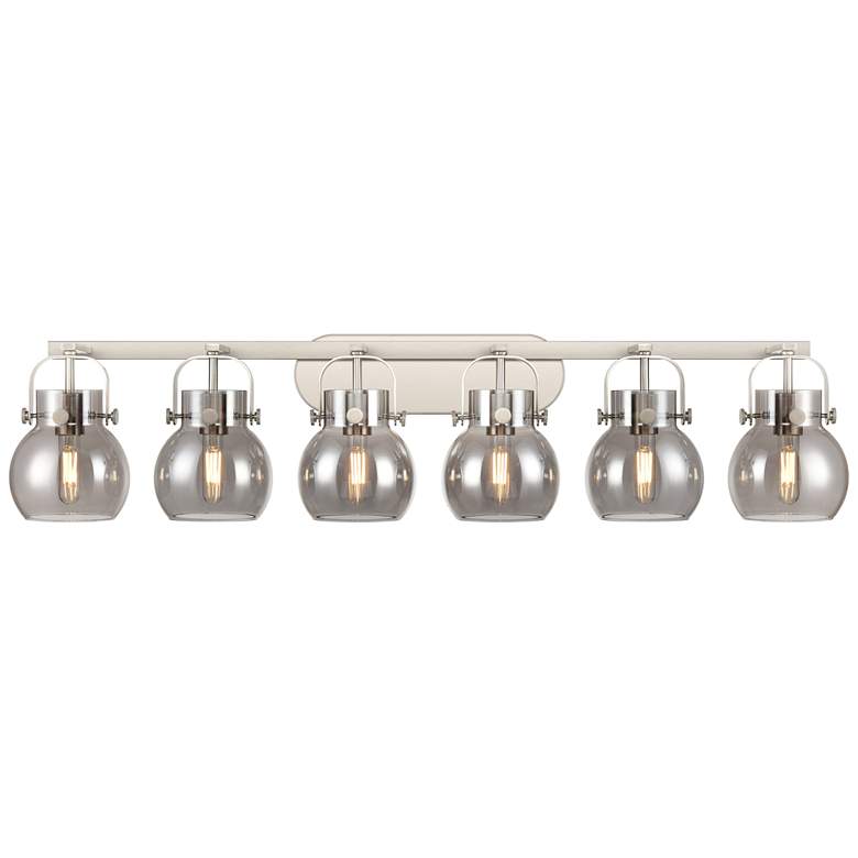 Image 1 Pilaster II Sphere 45.5"W 6 Light Satin Nickel Bath Light w/ Smoke Sha