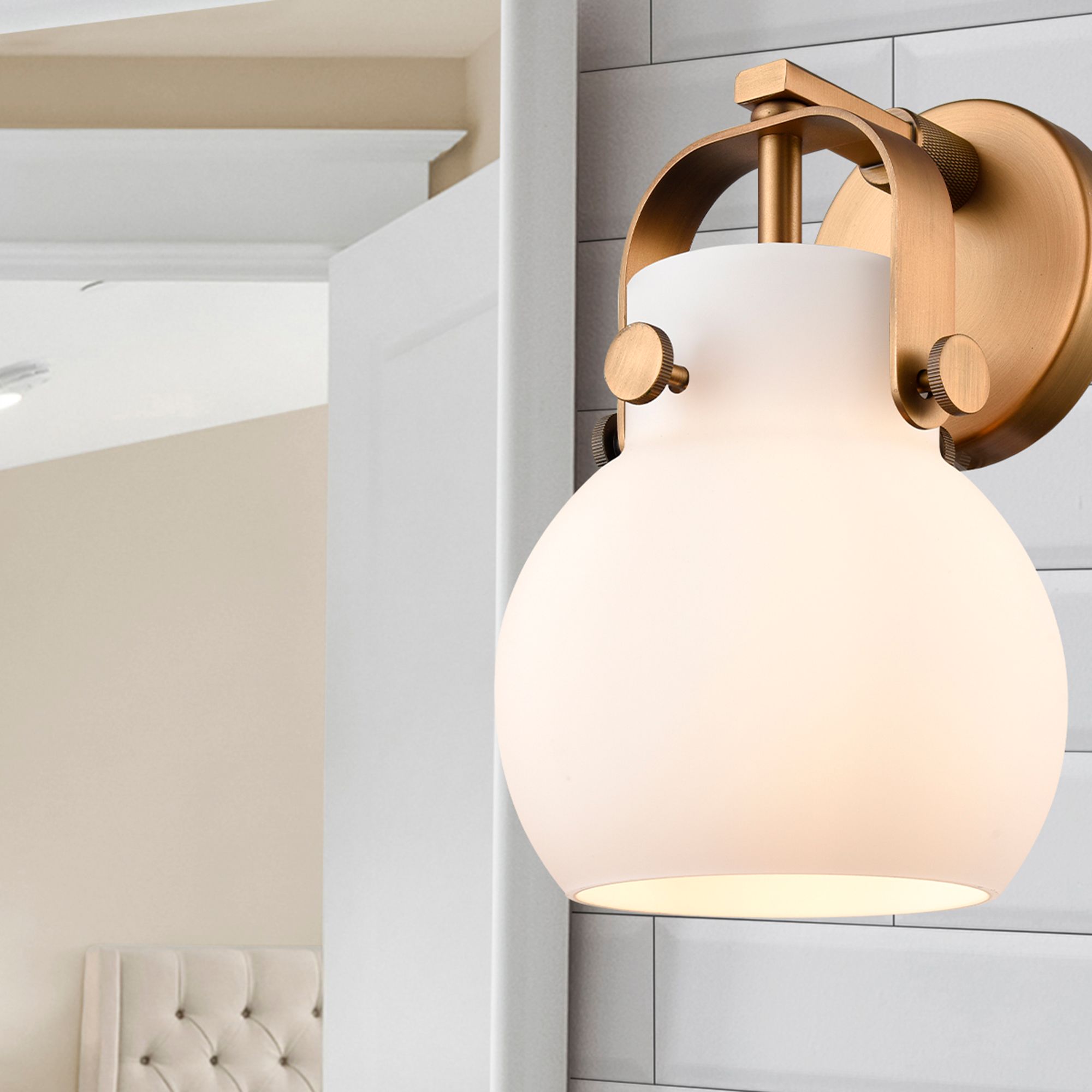Image 3 Pilaster II Sphere 9.75" High Brushed Brass Sconce With Matte White Sh more views