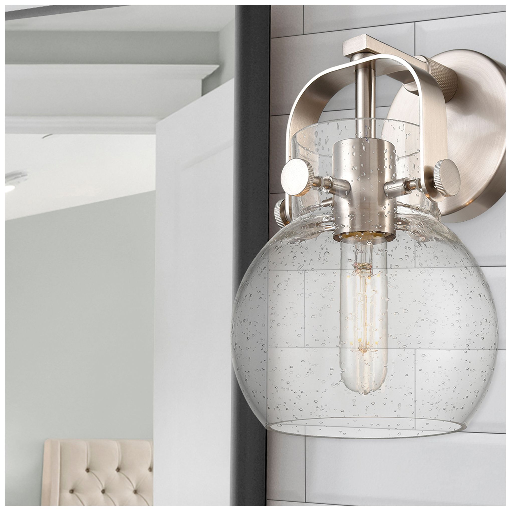 Image 3 Pilaster II Sphere 9.75" High Satin Nickel Sconce With Seedy Shade more views