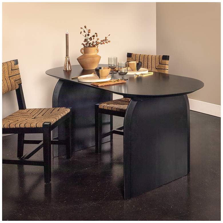 Image 2 Pill-Shaped Acacia Wood Dining Table with Half-Moon Base in Black Finish more views