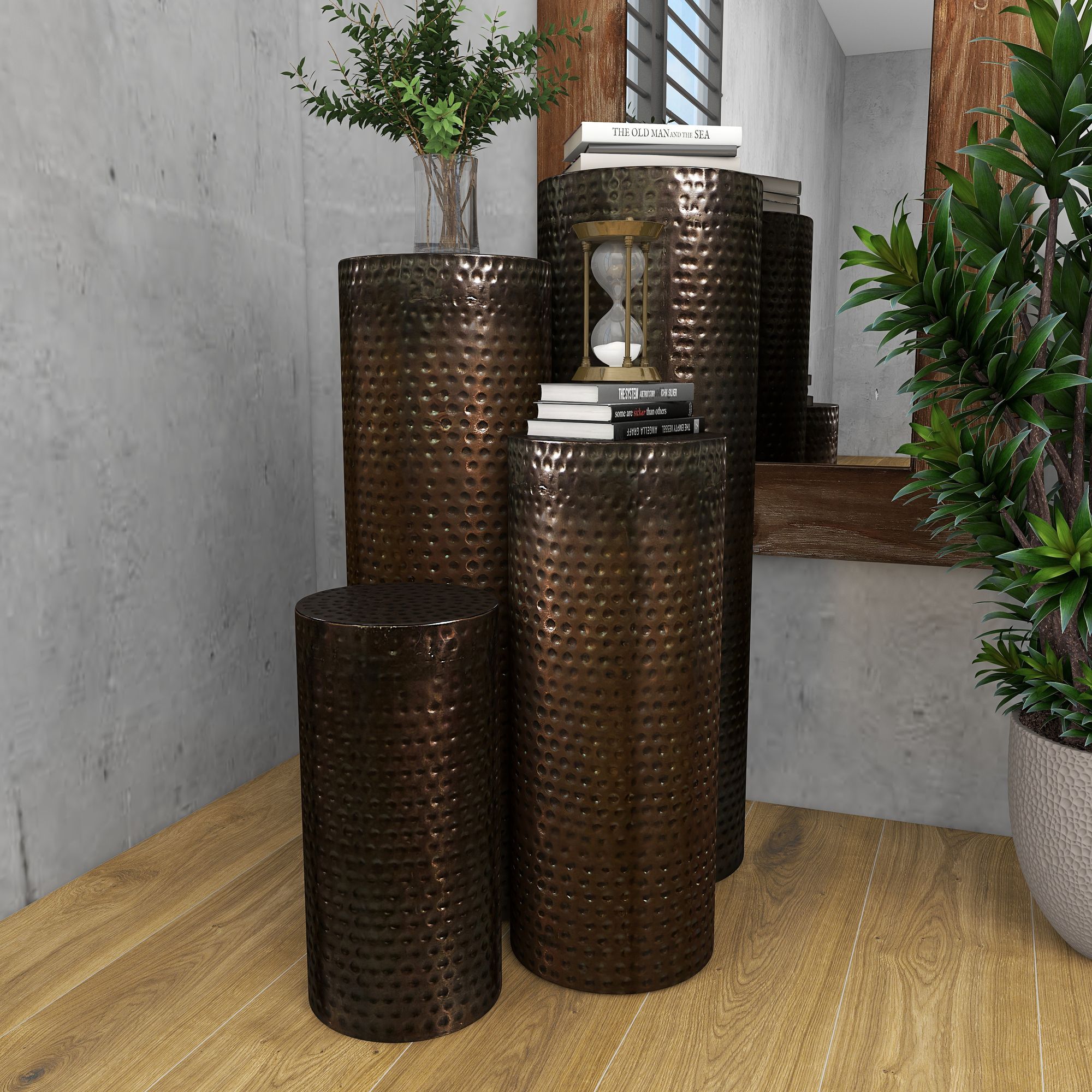 Image 5 Pillar 12"W Bronze Hammered Metal Pedestal Table Set of 4 more views