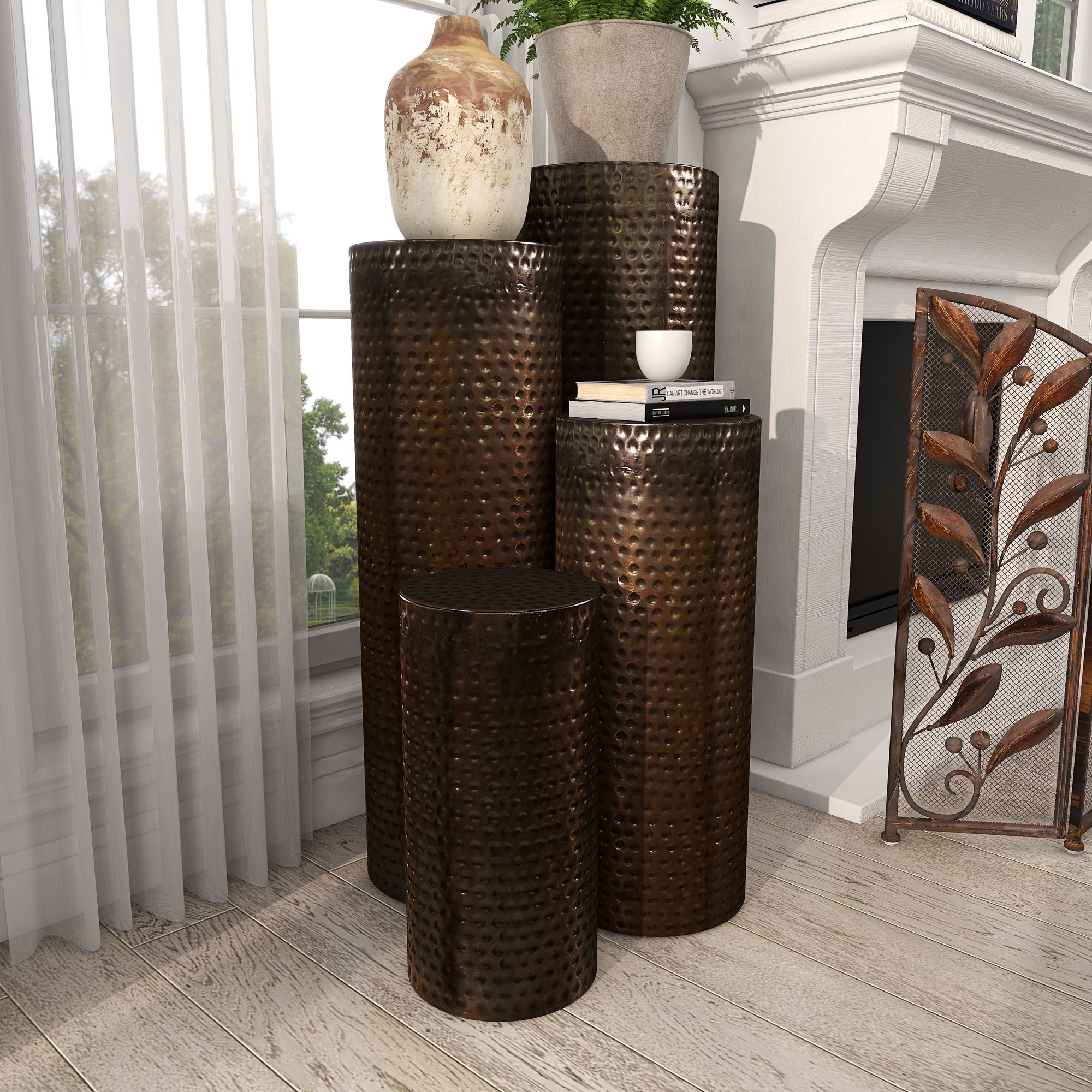 Pillar 12"W Bronze Hammered Metal Pedestal Table Set of 4