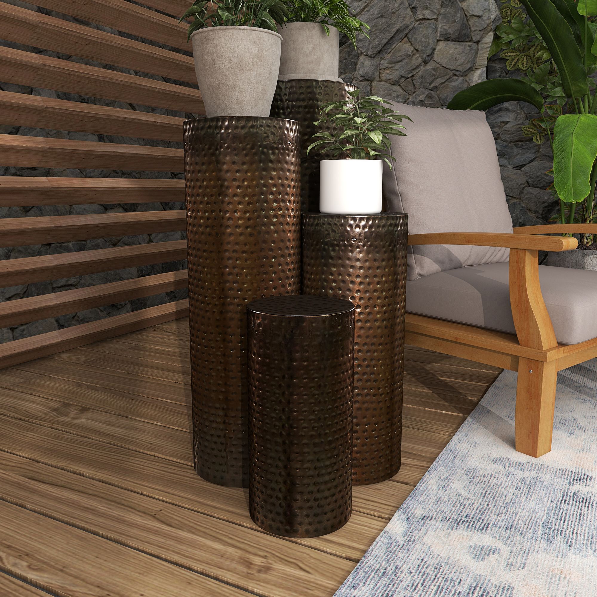 Pillar 12"W Bronze Hammered Metal Pedestal Table Set of 4