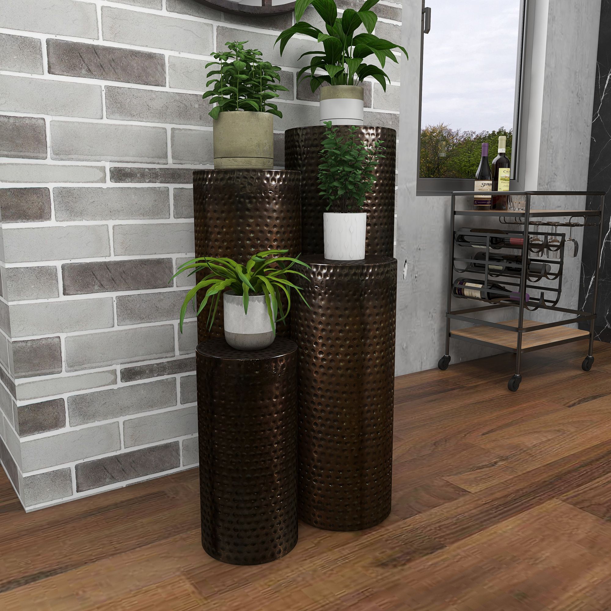 Pillar 12"W Bronze Hammered Metal Pedestal Table Set of 4