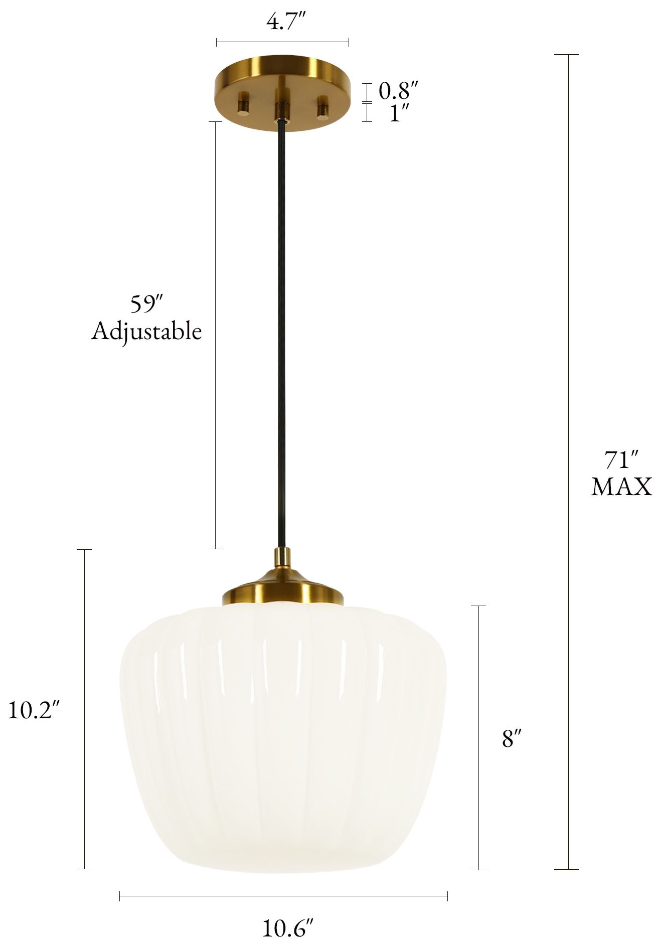 Thumbnail2 of Pillowmel Modern Brass 10.6" Kitchen Pendant Light Fluted Opal Milk Glass more views