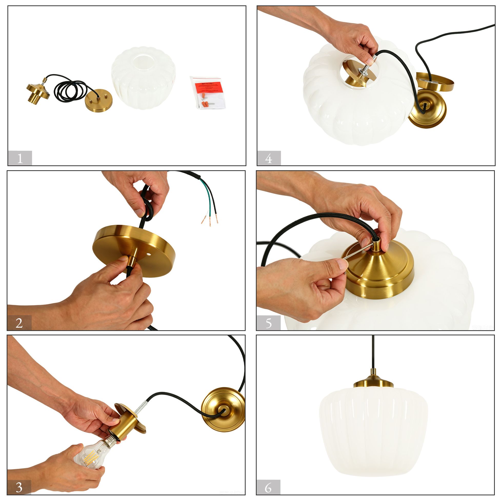 Thumbnail4 of Pillowmel Modern Brass 10.6" Kitchen Pendant Light Fluted Opal Milk Glass more views