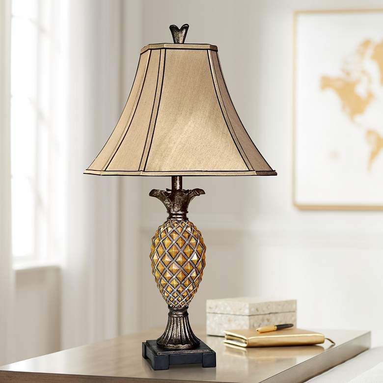 Image 1 Pineapple Textured Brown Table Lamp with Beige Fabric Shade