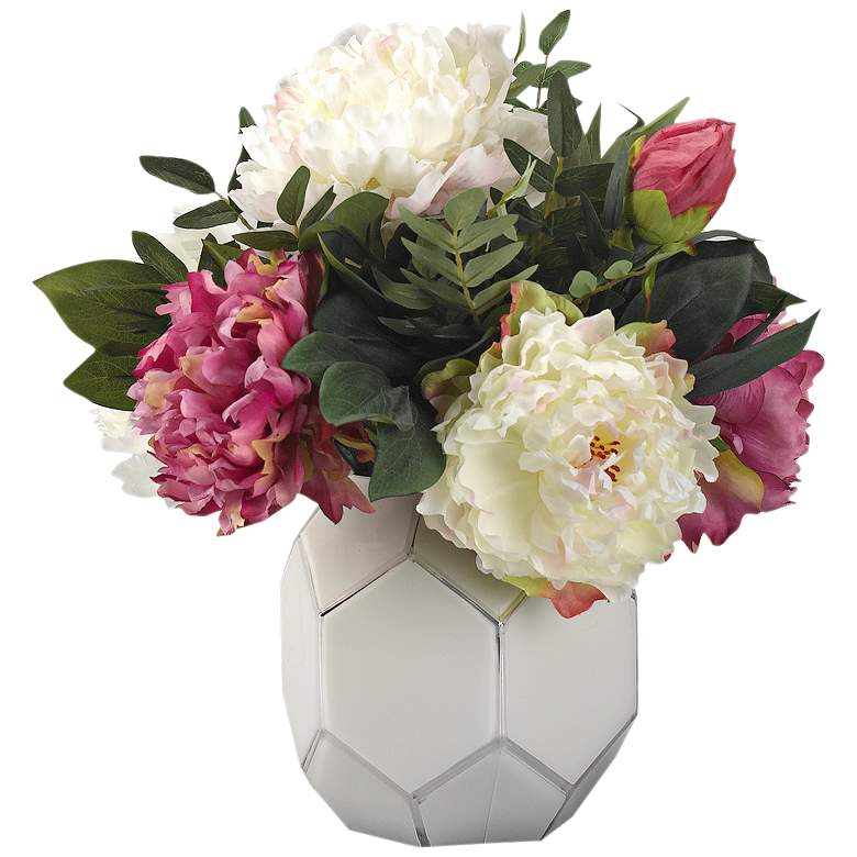 Image 1 Pink and Cream Peonies 17 1/2 inchW Faux Flowers in Glass Bowl