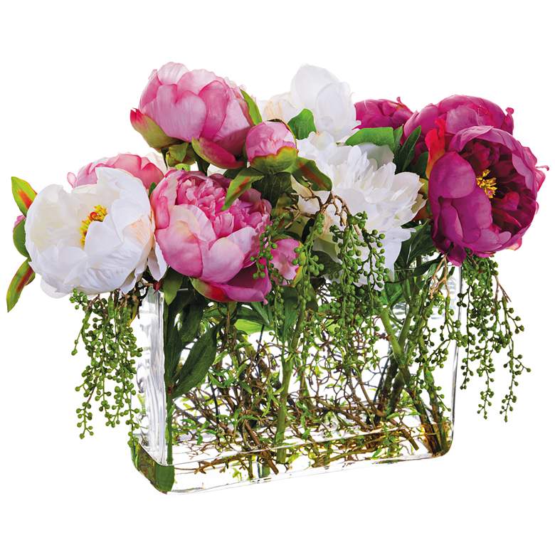 Image 3 Pink and White Peony 19 inch Wide Faux Flowers in Glass Vase