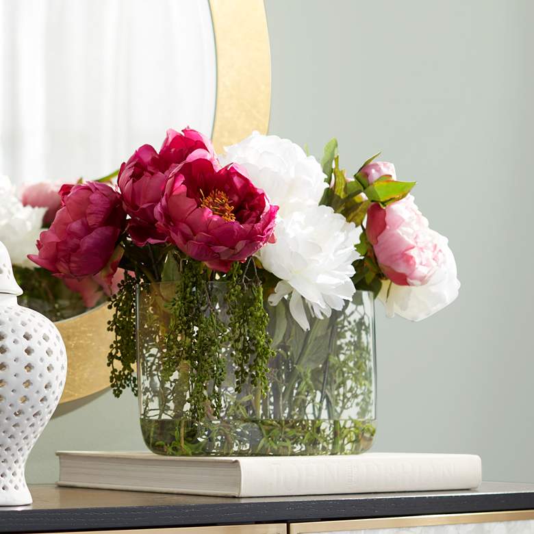 Image 1 Pink and White Peony 19" Wide Faux Flowers in Glass Vase