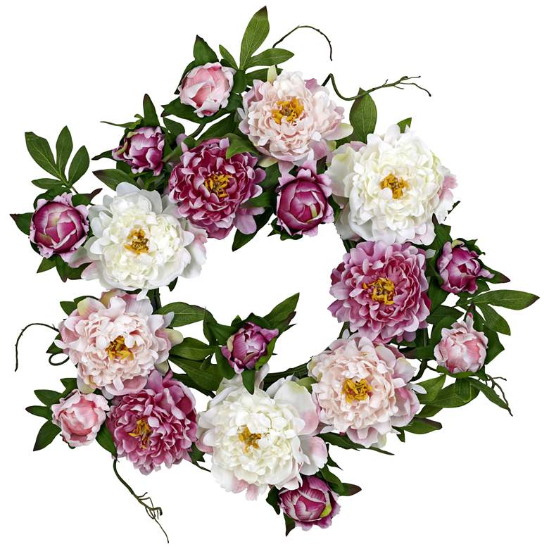 Image 1 Pink and White Peony 20" Round Faux Flower Wreath Wall Decor