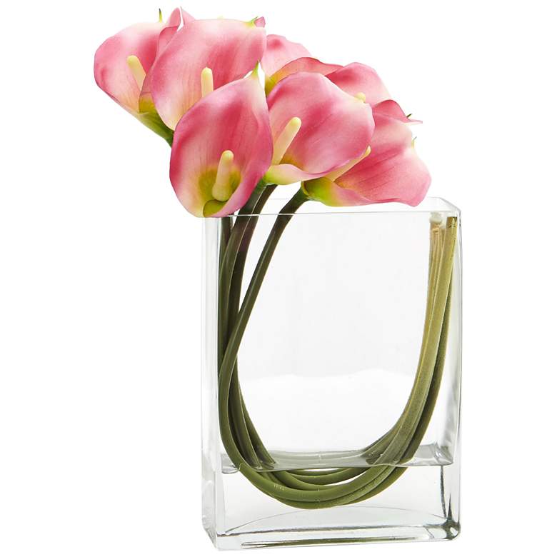 Image 1 Pink Calla Lily 12 inchW Faux Flowers in Rectangular Glass Vase