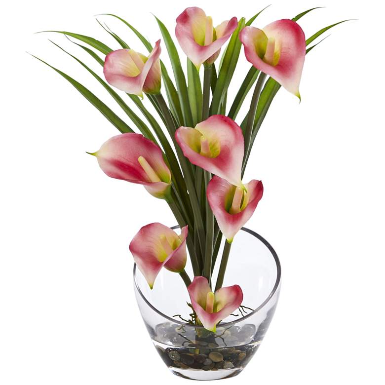 Image 1 Pink Calla Lily and Grass 15 1/2" Wide Faux Flowers in Vase