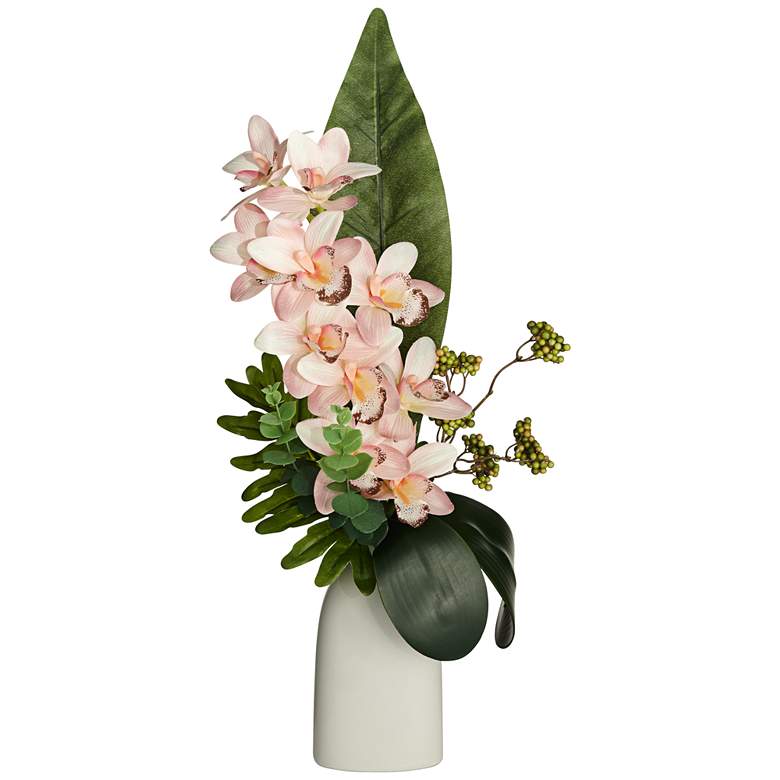 Image 1 Pink Cymbidium Orchid 21" High Faux Flowers in Vase