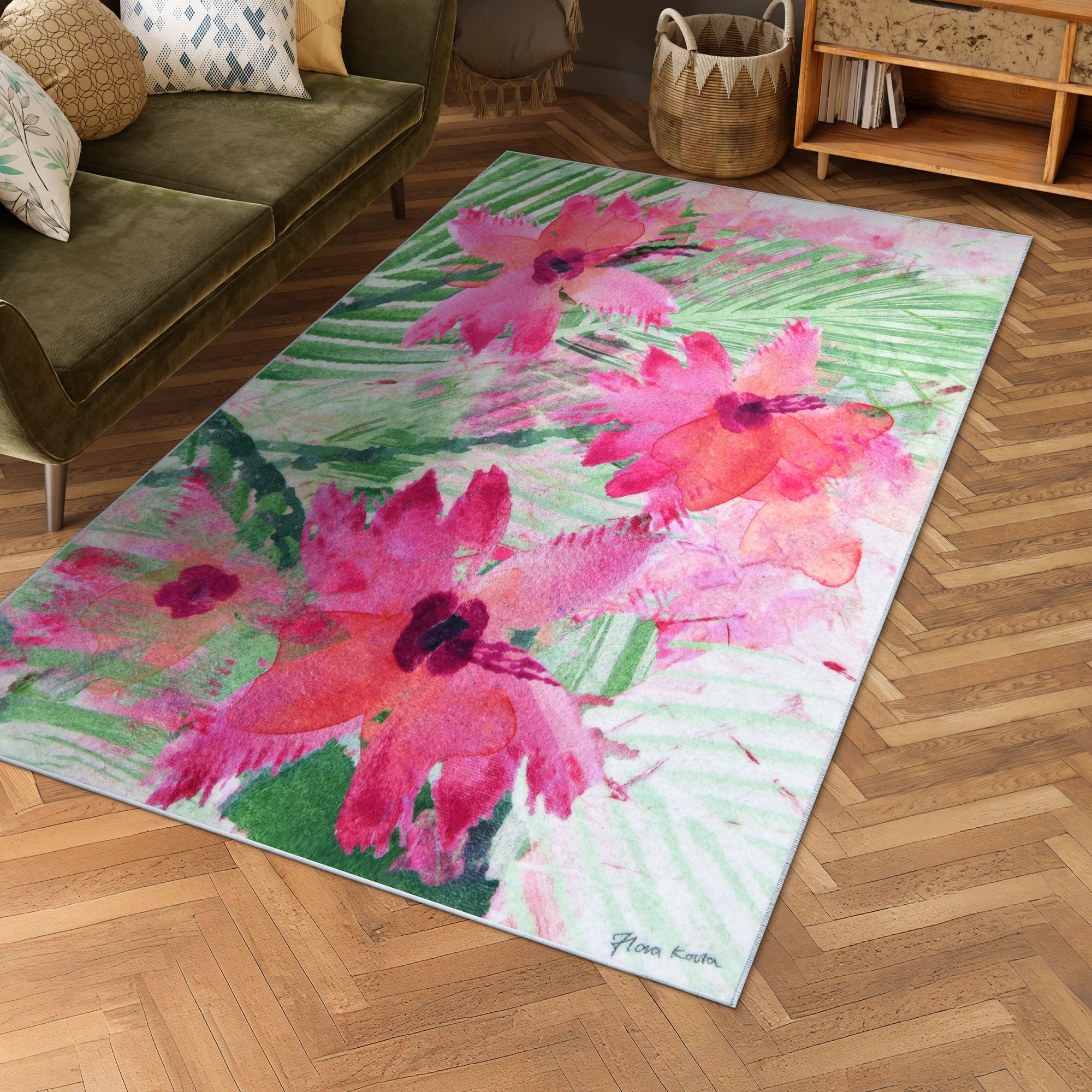 Image 2 Pink Green Floral I 5'x8'Hand Washable Flowers Power-loomed Art Area Rug more views