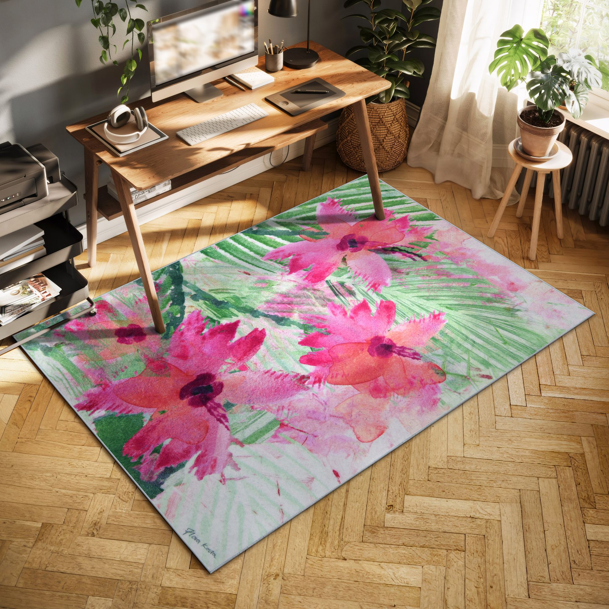 Image 3 Pink Green Floral I 5'x8'Hand Washable Flowers Power-loomed Art Area Rug more views