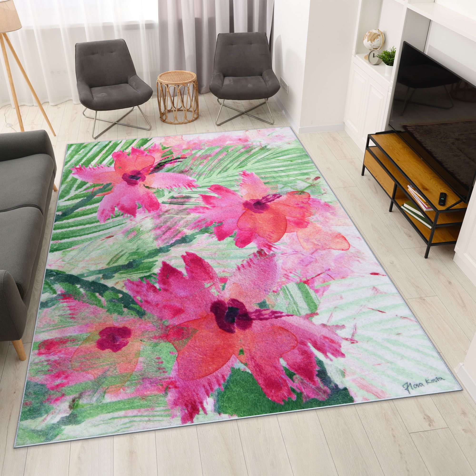 Image 2 Pink Green Floral I 8'x10'Hand Washable Flowers Power-loomed Art Area Rug more views