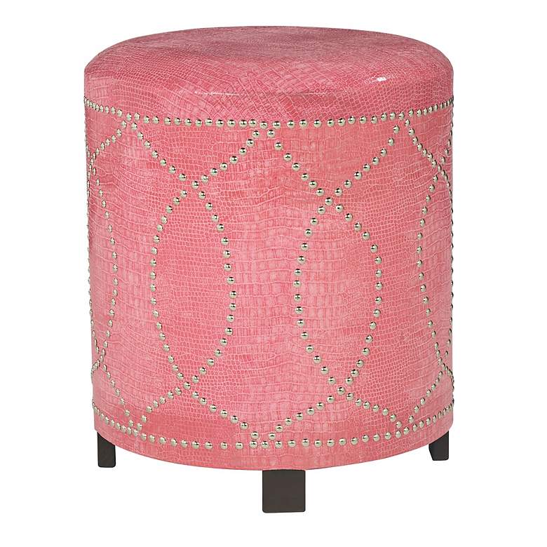 Image 1 Pink Leather with Nickel Nailhead Round Ottoman