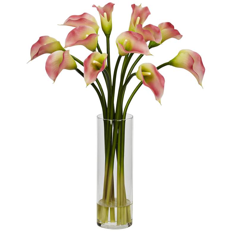 Image 1 Pink Mini Calla Lily 20 inch High Faux Flowers in Glass Vase