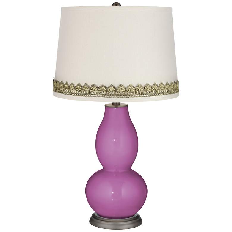 Image 1 Pink Orchid Double Gourd Table Lamp with Scallop Lace Trim