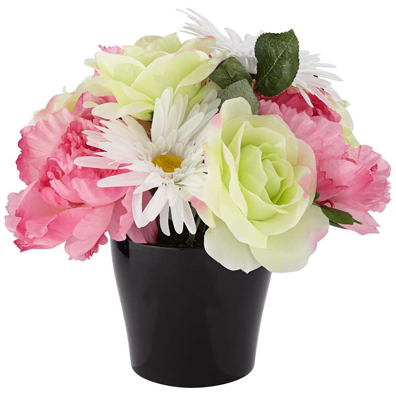 Image 1 Pink Peonie and Green Rose 10 1/2" High Faux Flowers in Pot