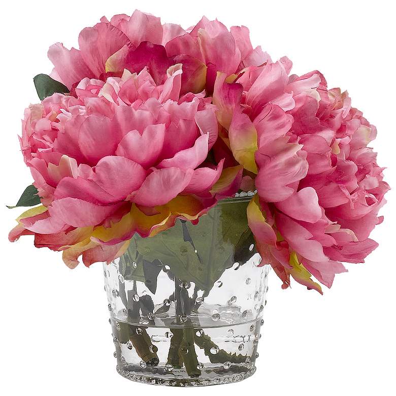 Image 1 Pink Peonies 10 inch High Faux Flowers in Glass Vase
